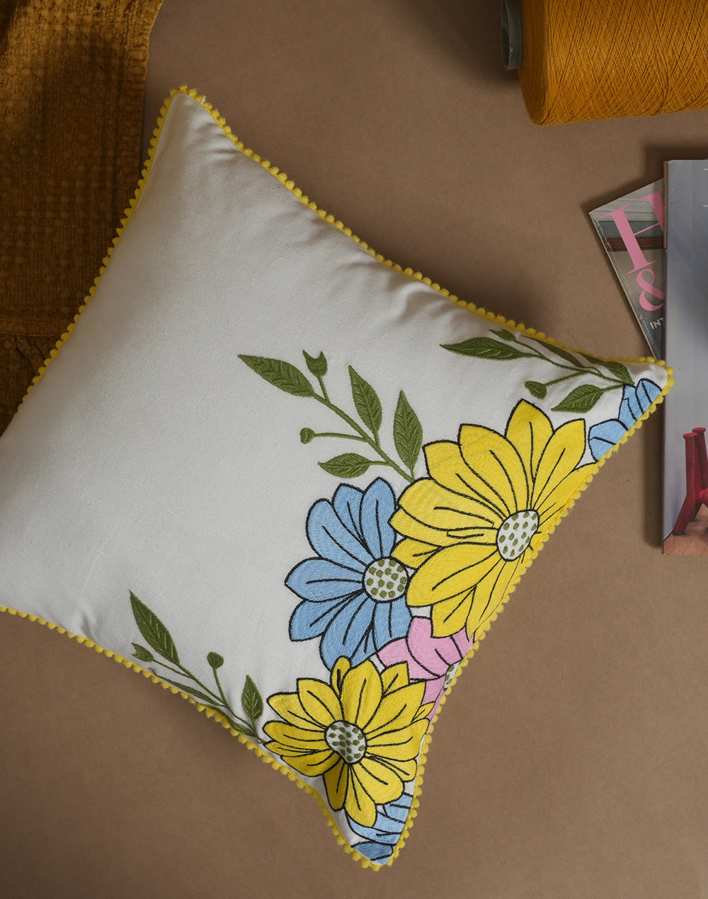 Set Of 2 - Off White Floral Embroidery Cotton Cushion Cover  - 16"X16"