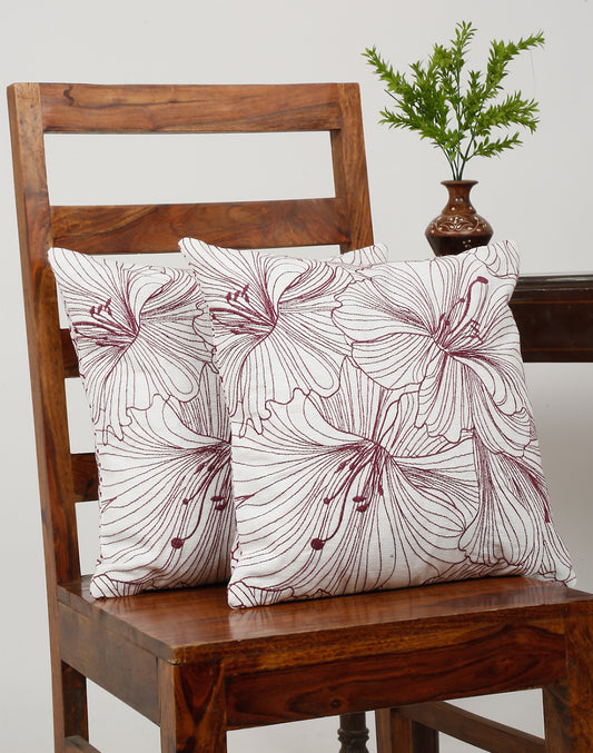 Set Of 2 - Purple Floral Embroidered Cushion Cover - 16"X 16"