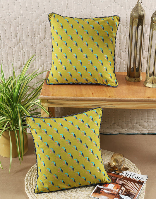 Set of 2 - Birds Of Paradise Green Cotton Cushion Cover - 16"x16"