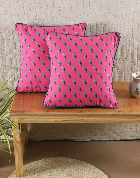 Set of 2 - Birds Of Paradise Pink Cotton Cushion Cover - 16"x16"