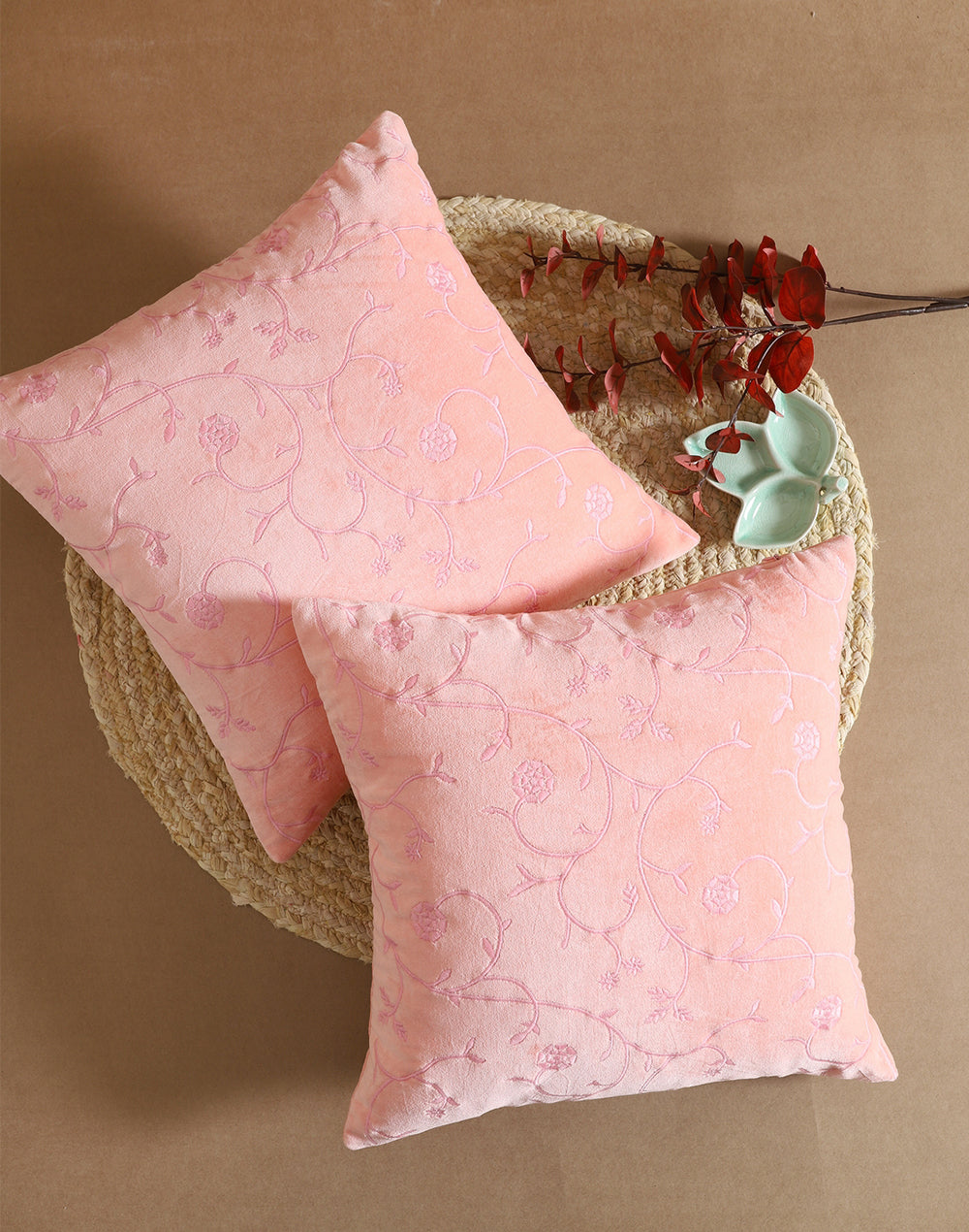 Set of 2 PInk Tone on Tone Embroidered Cushion Cover - 16"x16"
