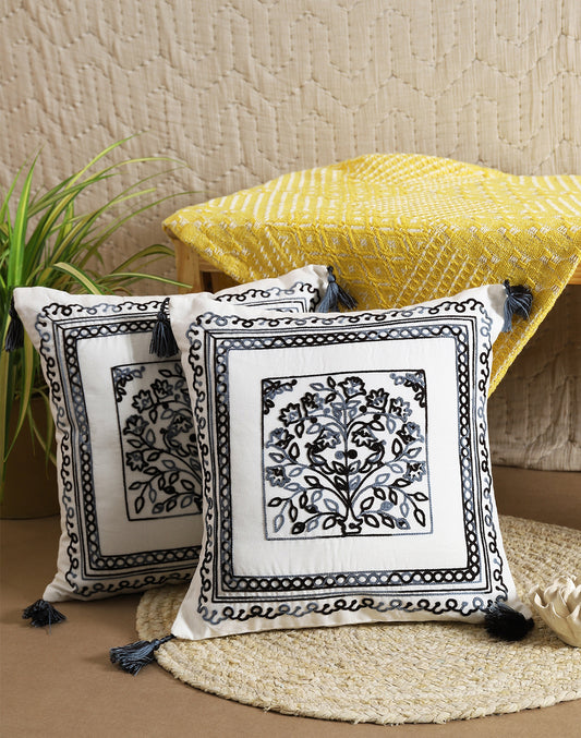Set of 2 - Blue Square Embroidered Cotton Cushion Cover -16"x16"
