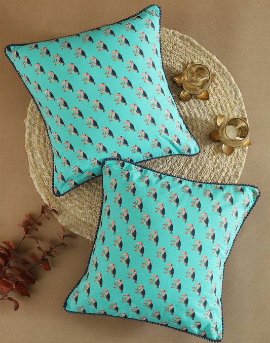 Set of 2 - Birds Of Paradise Blue Cotton Cushion Cover - 16"x16"