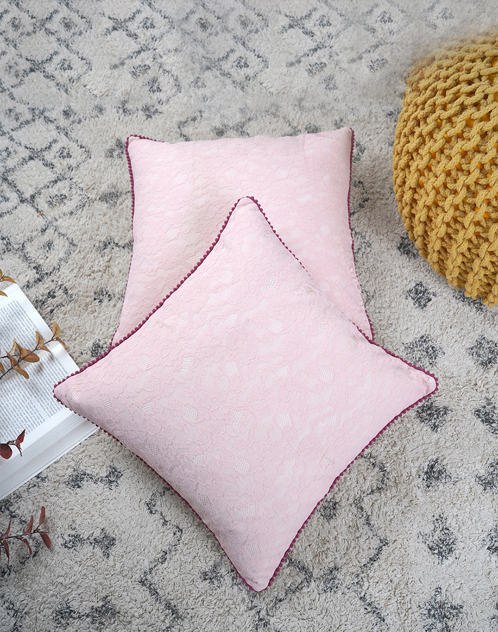 Set Of 2 - Pink Texture Pattern Cotton Cushion Cover - 16"X16"