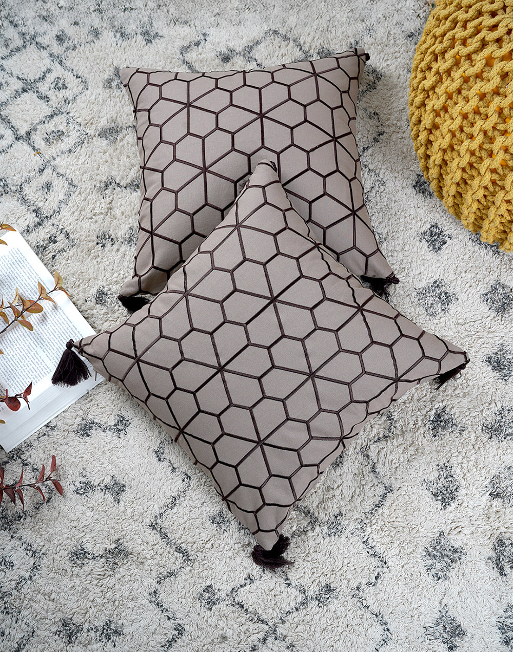 Set Of 2 - Brown Geometric Pattern Cotton Cushion Cover - 16"X16"