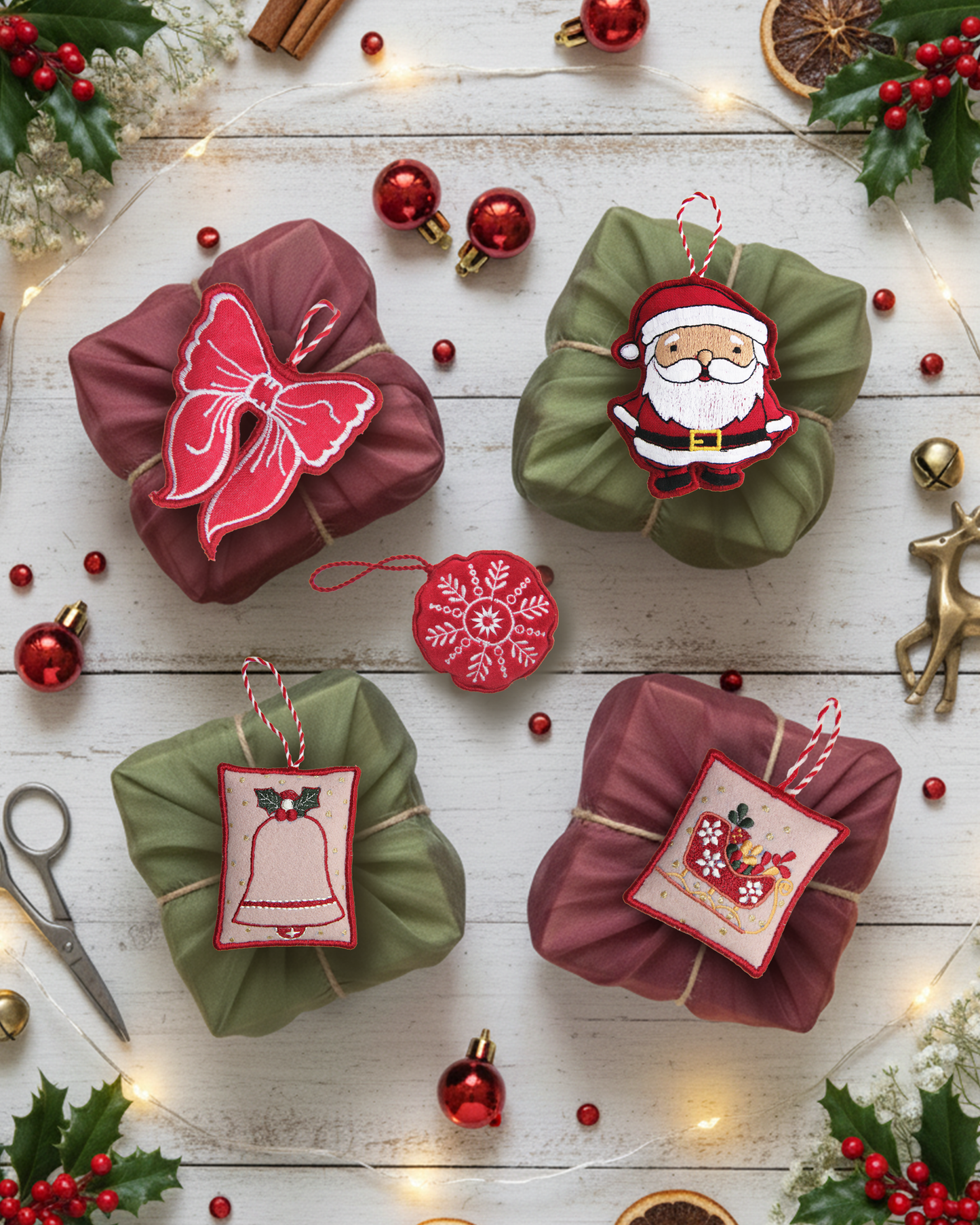 Christmas Fabric Gift Wraps and 3D charms - Set of 5