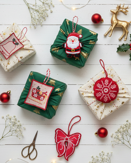 Christmas Fabric Gift Wraps and 3D Charms - Set of 5