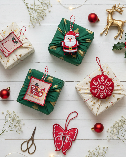 Christmas Fabric Gift Wraps and 3D Charms - Set of 5