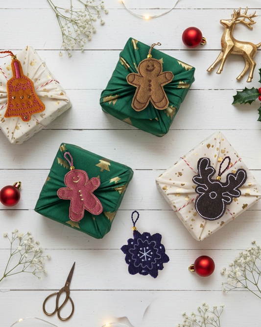 Christmas Fabric Gift Wraps and 3D Charms - Set of 5