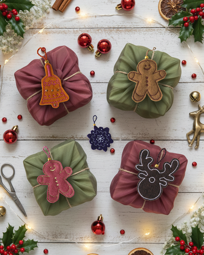 Christmas Fabric Gift Wraps and Charms - Set of 5