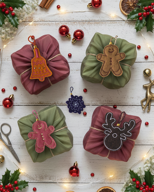 Christmas Fabric Gift Wraps and Charms - Set of 5