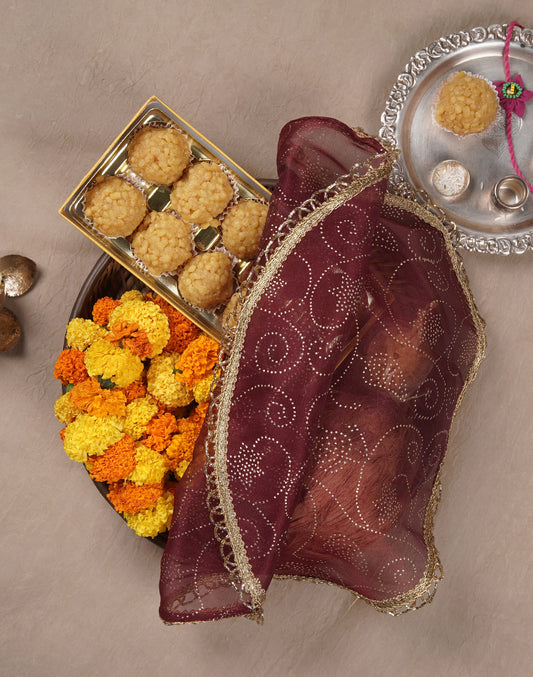 Maroon Gold Printed Thali Cover Set of 2 | Pooja Thali Cover | Festive Thali Cover| Table Decor