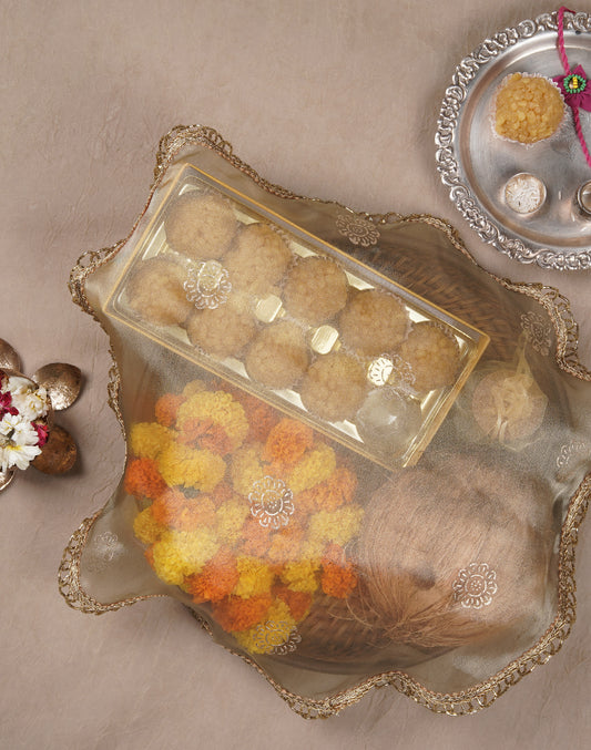 Gold Printed Thaal Cover set of 2| Pooja Thaal Cover| Festive Thaal Cover