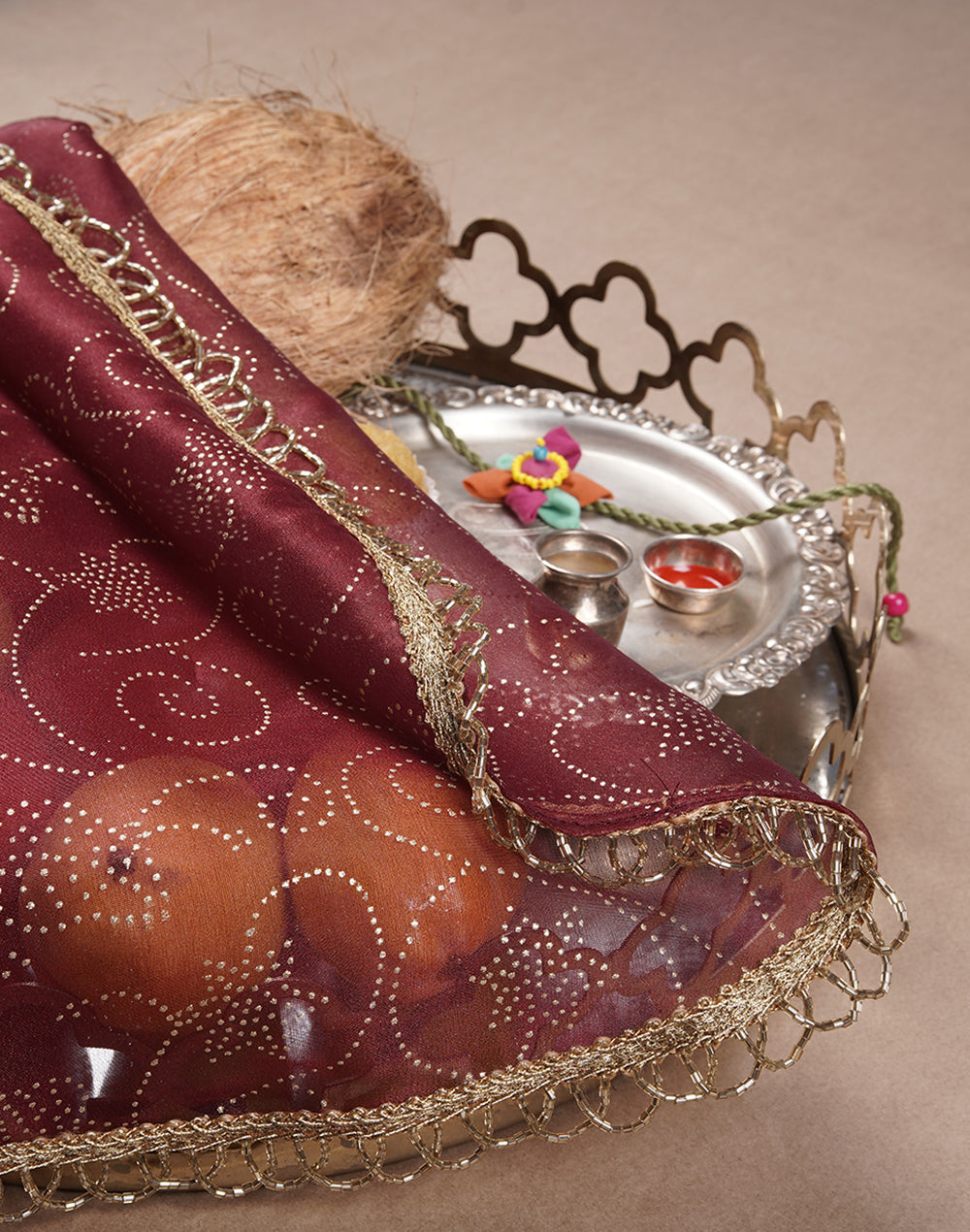 Maroon Gold Printed Thali Cover Set of 2 | Pooja Thali Cover | Festive Thali Cover| Table Decor