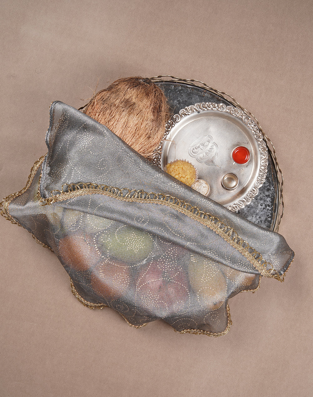 Grey Gold Printed Thali Cover Set of 2 | Pooja Thali Cover | Festive Thali Cover