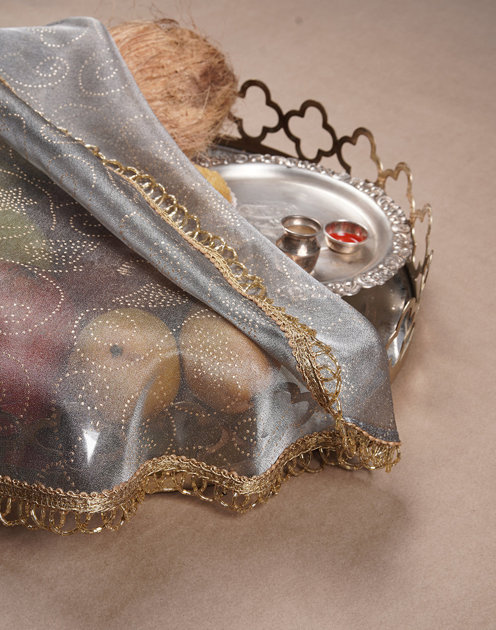 Grey Gold Printed Thali Cover Set of 2 | Pooja Thali Cover | Festive Thali Cover