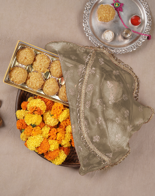Gold Printed Thaal Cover set of 2| Pooja Thaal Cover| Festive Thaal Cover