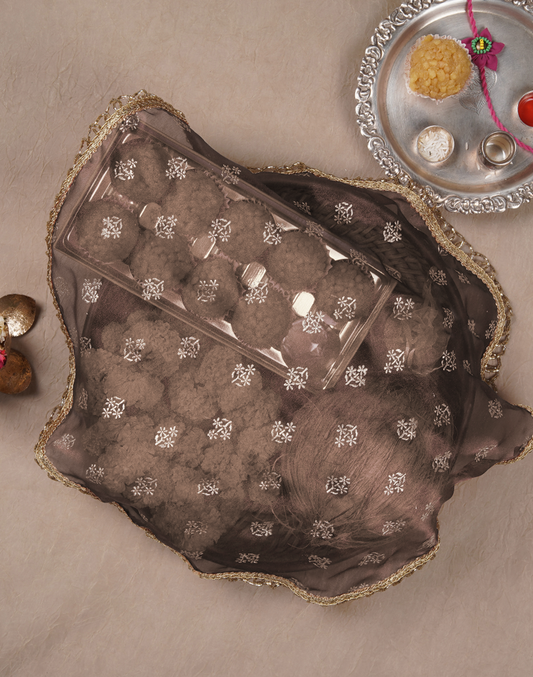 Brown Gold Printed Thaal Cover set of 2| Pooja Thaal Cover| Festive Thaal Cover