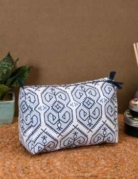 Blue Cotton Geometric Printed 8x6x4 Inch Multipurpose Pouch