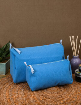 Blue Cotton Solid Plain 10x7x5 Inch & 8x4x4 Inch Multipurpose Pouch Set Of 2