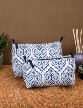 Blue Cotton Geometric Printed 8x6x4 Inch & 8x4x4 Inch Multipurpose Pouch Set Of 2