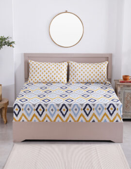 Abstract Design Blue & Yellow Queen Size Bedsheet Set with Coordinated Pillow Covers