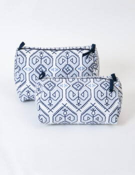 Blue Cotton Geometric Printed 8x6x4 Inch & 8x4x4 Inch Multipurpose Pouch Set Of 2