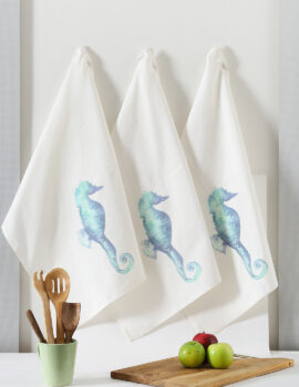 Off White Cotton Sea Horse Printed 20×28 Inch Kitchen Towel Set Of 3