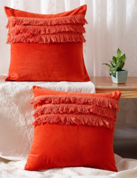 Orange Cotton Velvet 18X18 Cushion Cover Set of 2