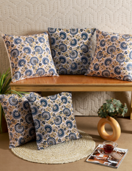 Yellow and Blue Cotton 16×16 Inch Cushion Cover Set Of 5