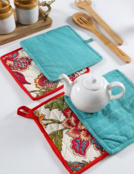 Multicolor & Blue Cotton Floral Print 8×8 Inch Pot Holder Set Of 4