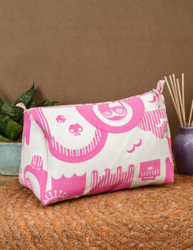 Pink Cotton Abstract Print 8x6x4 Inch Multipurpose Pouch