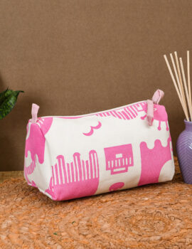 Pink Cotton Abstract Print 8x4x4 Inch Multipurpose Pouch