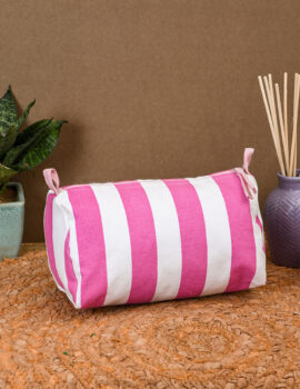 Pink Cotton Stripe Printed 8x4x4 Inch Multipurpose Pouch