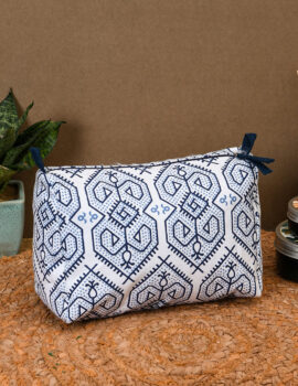 Blue Cotton Geometric Printed 8x6x4 Inch Multipurpose Pouch