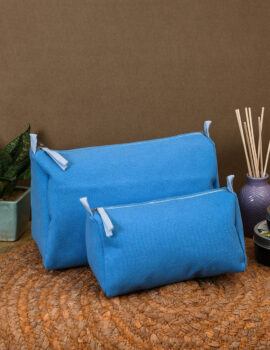 Blue Cotton Solid Plain 10x7x5 Inch & 8x4x4 Inch Multipurpose Pouch Set Of 2