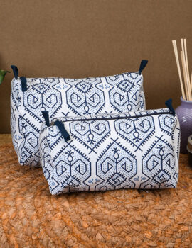 Blue Cotton Geometric Printed 8x6x4 Inch & 8x4x4 Inch Multipurpose Pouch Set Of 2