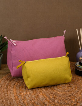 Pink & Mustard Cotton Solid Plain 10x7x5 Inch & 8x4x4 Inch Multipurpose Pouch Set Of 2