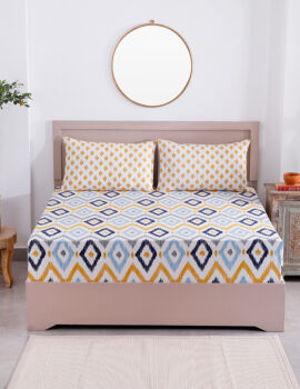 Abstract Design Blue & Yellow Queen Size Bedsheet Set with Coordinated Pillow Covers