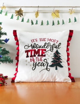 White X-Mas Time Cotton 16X16 Inch Embroidery Cushion Cover