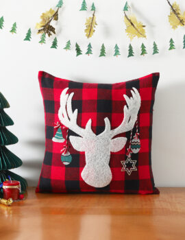 Red And Black Check Cotton 16X16 Inch Embroidery Christmas Cushion Cover