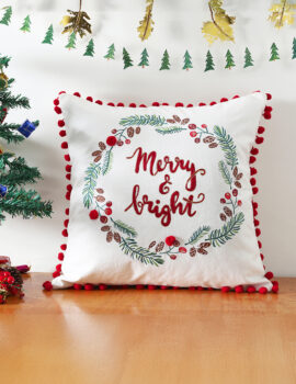 White Merry Bright Cotton 16X16 Inch Embroidery Christmas Cushion Cover