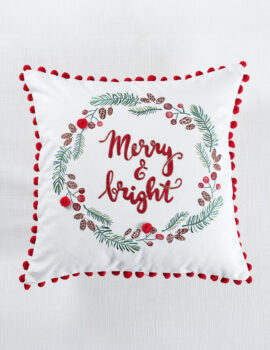 White Merry Bright Cotton 16X16 Inch Embroidery Christmas Cushion Cover