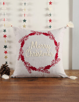 Grey Merry Christmas Cotton 16X16 Inch Embroidery Christmas Cushion Cover