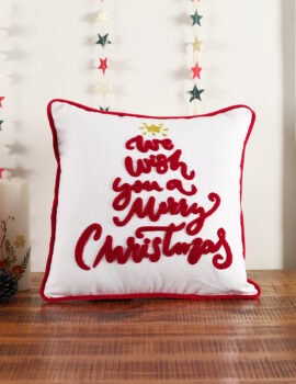 White Merry Wishes Cotton 16X16 Inch Embroidery Christmas Cushion Cover