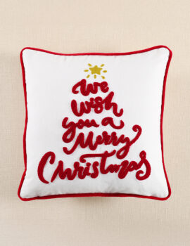 White Merry Wishes Cotton 16X16 Inch Embroidery Christmas Cushion Cover