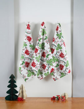 Red Green Lotus Bale Cotton 18X26 Inch Set Of 3 Christmas Kitchen Towel