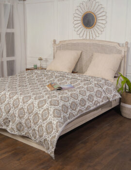 Front- Grey printed Ogee pattern back- grey and white stripes  Block print and hand quilted  90×108 Inch Quilt