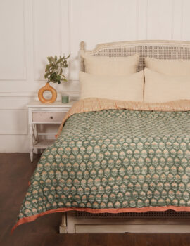 Front- green gadh print with floral bootas Back- Stripes Finishing- Contrast color flenge  Block print and hand quilted  60×104 Inch Quilt