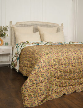 Front- Beige Floral leafy jaal back – contrast colourful backing with bird and flower motifs  Block print and hand quilted  90×108 Inch Quilt